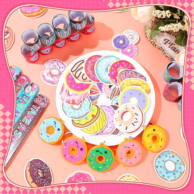 196 Pcs Donut Party Favors Include Donut Bracelets Donut Keychains and Stickers Doughnut Birthday Party Decorations for Boy Girl Two Sweet Birthday Supplies Classroom Prizes