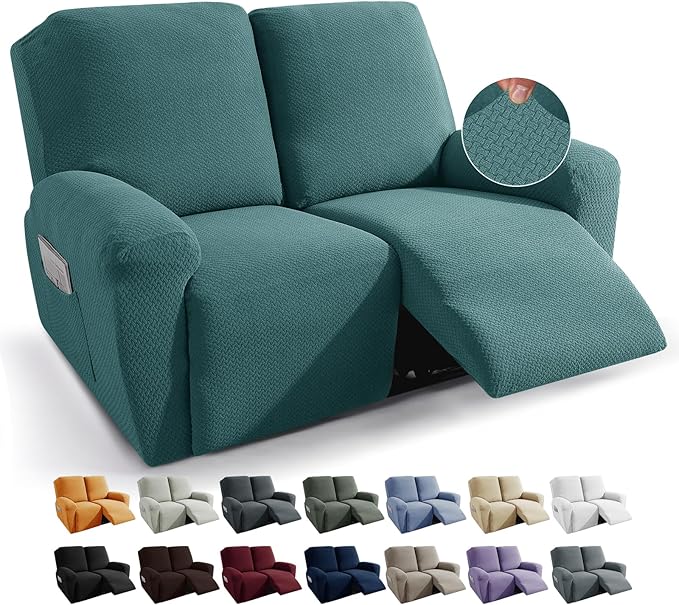 JIVINER 6-Piece Loveseat Recliner Slipcover Stretch Jacquard Recliner Sofa Cover 2 Seater Washable Reclining Couch Cover with Pocket Fitted Furniture Protector Cover (Loveseat Recliner, Peacock Blue)