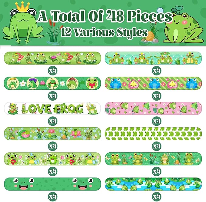 48 PCS Frog Slap Bracelets Party Favors, Frog Wristbands Bracelets Goodie Bag Fillers for Frog Birthday Party Decorations Supplies Gifts for Kids Boys Girls Classroom Rewards