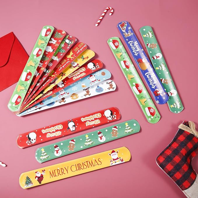 48pcs Christmas Slap Bracelets, Santa Claus Snowman Christmas Tree Reindeer Slap Wristband Christmas Stocking Stuffers for Boys Girls Xmas Birthday Party Favors Toys Goodie Bag Fillers