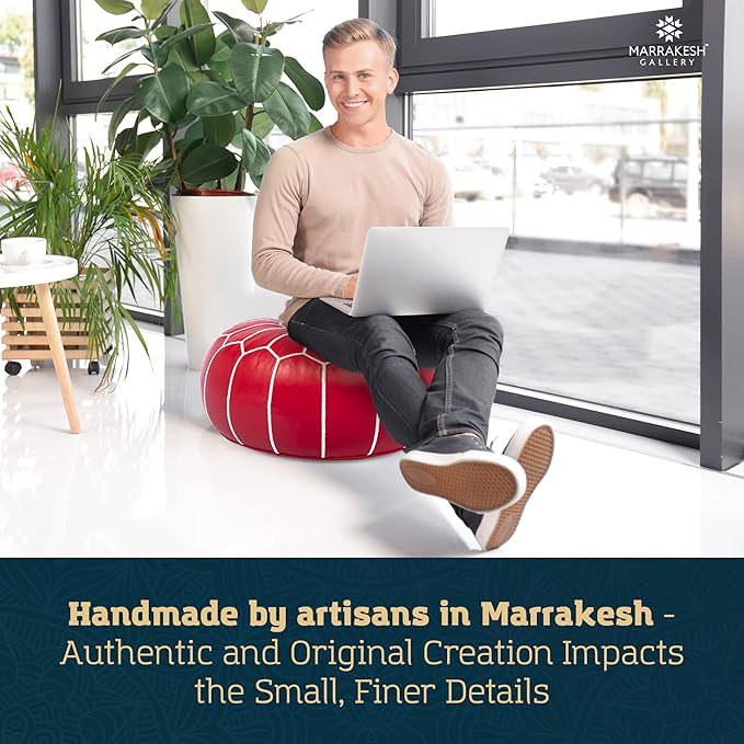 Marrakesh Gallery Genuine Leather Round Pouf Unstuffed - Moroccan Ottoman Footstool, Footrest Cover - Boho Decor - Bohemian Living Room, Bedroom, Kids Room, Gift & Wedding