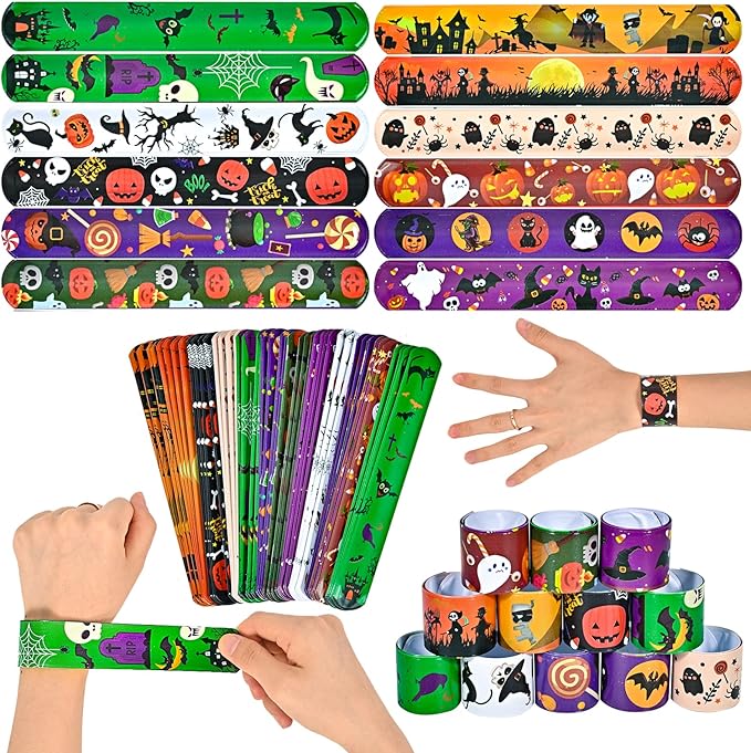 48pcs Halloween Slap Bracelets,Assorted Snap Bracelet Pumpkin Witch Wristbands for Kids Trick or Treat Halloween Party Favors Supply
