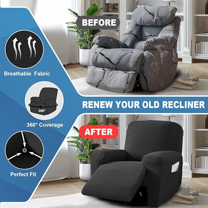 JIVINER 3 Piece Recliner Chair Cover Stretch Lazy Boy Non Slip Covers for Recliner with Pockets Soft Jacquard Reclining Sofa Slipcovers Furniture Protector with Elastic Bottom (1 Seater, Black)
