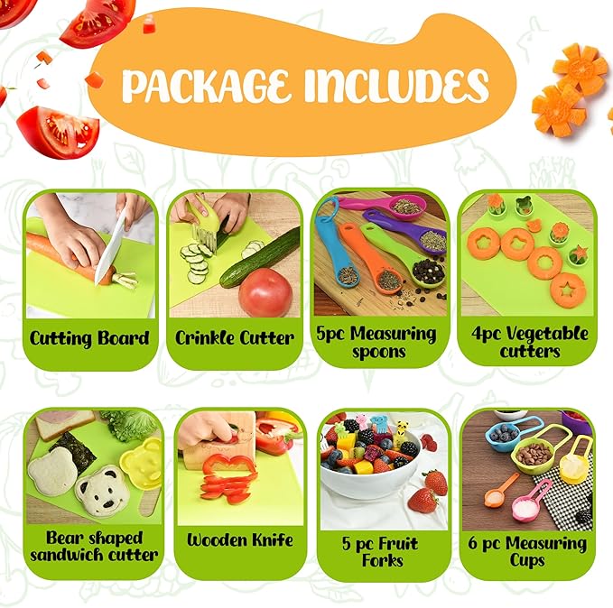 40Pcs Kids Knife set for Real Cooking - Montessori Kitchen Tools for Toddlers - Safe Kitchen Tools and Accessories with Recipes Book, Cutting Board and Knife set - Kids Knives and Cooking Utensils Kit