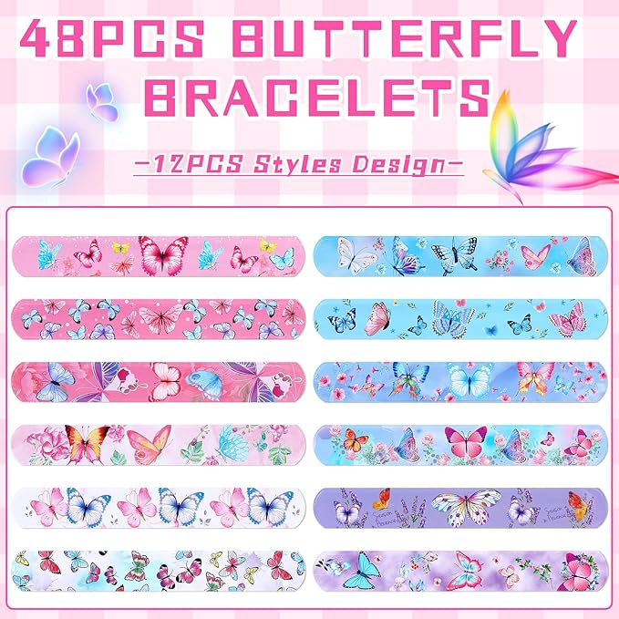 48 Pcs Butterfly Slap Bracelets Wristbands Toys Birthday Party Favors Kids Bracelets Snap Bands for Girls Butterfly Theme Birthday Party Decorations Supplies Class Prize Exchanging Gift, 12 Styles
