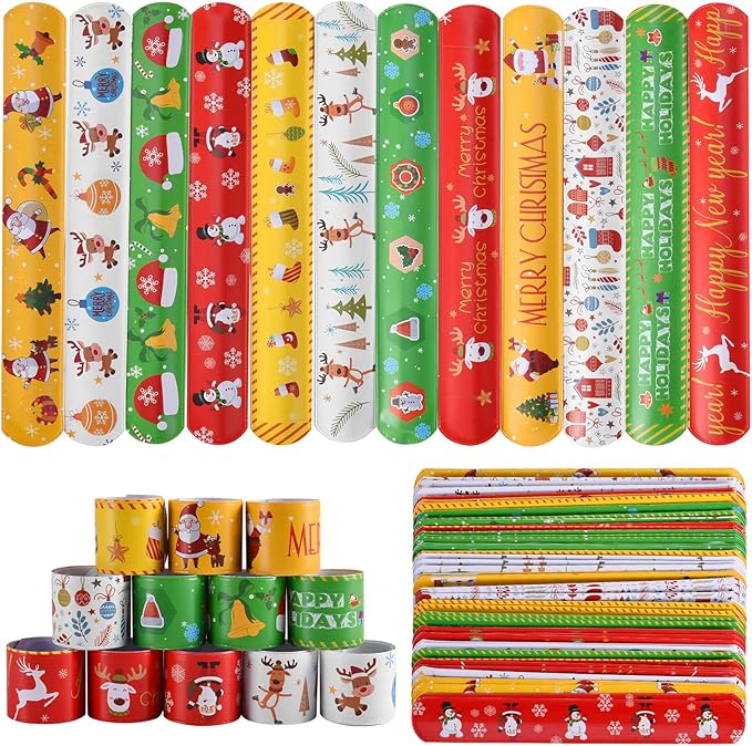 48PCS Christmas Slap Bracelets bulk ，holiday christmas slap bracelet trinkets for kids school class classroom students ，goody goodies bag stocking stuffers gifts toys xmas Favor gift