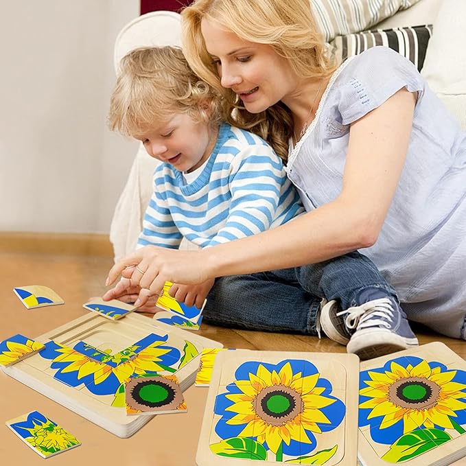 Montessori Wooden Puzzles for Kids Ages 4-8, 4 Layer Life Cycle of Sunflower Jigsaw Puzzle for Toddlers, Children Preschool Learning Educational Puzzles Toys for Boys and Girls (Sunflower)