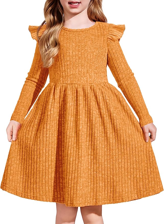 Arshiner Toddler Girl Dress Baby Girls Knitted Ruffle Sleeve Pocket Dresses A-Line Flared Fall Winter Clothes for 2-8 Years