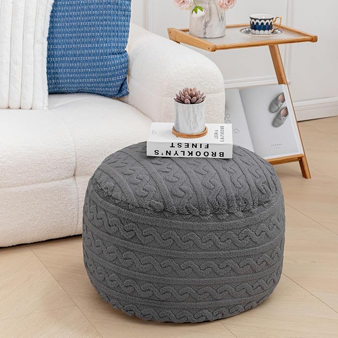 Round Stuffed Pouf Ottoman 20x20x12 Inches Plush Fiber Ottoman Foot Rest Under Desk Foot Stool Great for Living Room Bedroom Small Furniture (Gray Pouf with Filler)