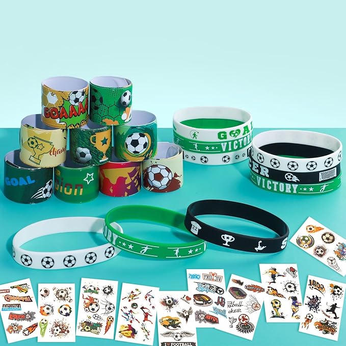 60PCs Soccer Party Favor Soccer Silicone Bracelet Soccer Slap Bracelet Tattoos for Sports Themed Birthday Party Decor Goodie Bag Fillers(Soccer)