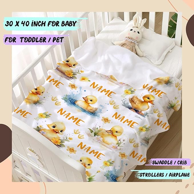 Custom Name Flower And Ducks Adult duck Blanket Kids Funny Blanket Suitable for bedroom bed sofa Crib Couch Chair outdoor All Season Items That Yellow Duck Lovers Will Love 90”×120 ”for Family