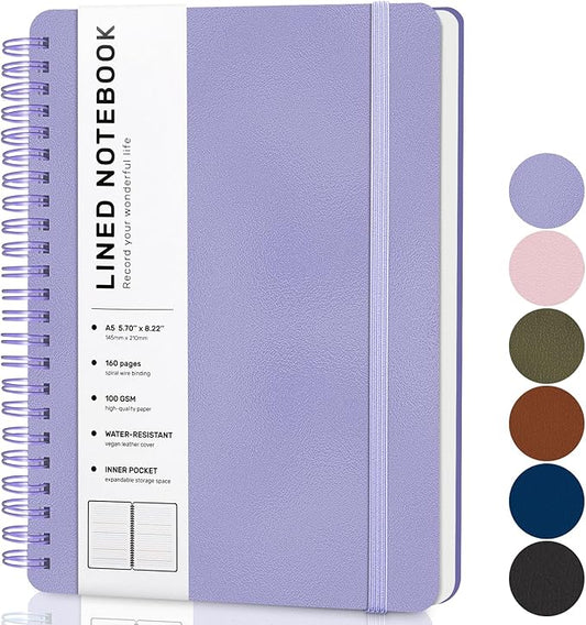 ABERLLS Purple Lined Spiral Journal Notebook with 160 Pages, 8×5.7in, A5 Spiral Notebook, Journaling Notebooks for Work, School, Women, Men, College Ruled Spiral Notebook, Hardcover Leather Journals