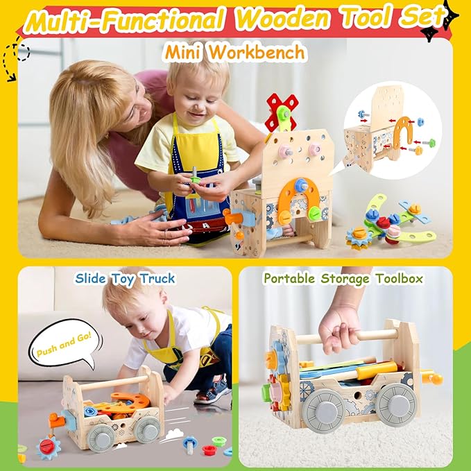 Kids Tool Set, Wooden Toddler Tools Bench Toys for 2 3 Year Old Boys Girls, Montessori Toys for Ages 2-4 STEM Educational Construction Toys for 3 4 5 Year Old Birthday Gift for Toddlers (52 PCS)