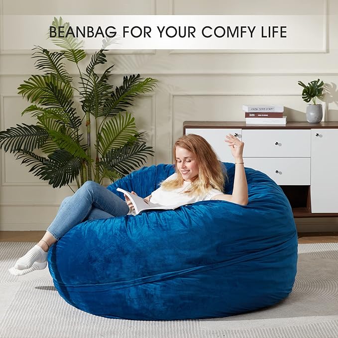 Homguava Bean Bag Chair: Giant Bean Bags with Memory Foam Filled, Large Beanbag Chairs Soft Sofa with Dutch Velet Cover 6FT(58"×58"×28")-Blue
