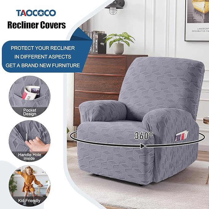 TAOCOCO Recliner Cover 3 Pieces Recliner Chair Covers, Stretch Jacquard Reclining Chair Cover, Furniture Protector Sofa Slipcovers Couch Covers with Elastic Bottom for Kids, Pets (Light Grey)
