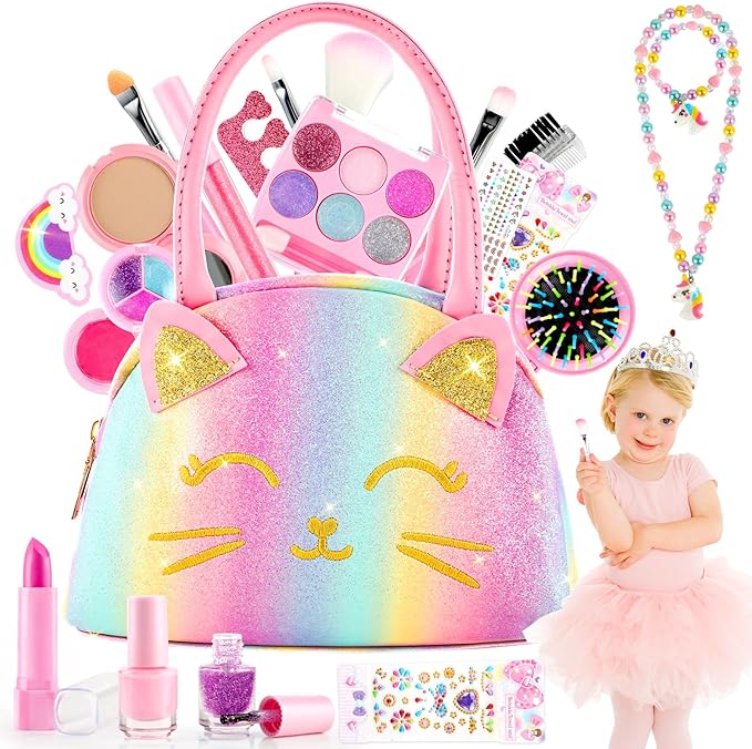 Kids Makeup Kit for Girl, Kids Washable Makeup Girls Toys, Girls Makeup Kit for Kids with Cute Cat Bag, Real Make up Set for Kid Little Girls Toddlers Princess Christmas Birthday Gifts Age 3-6-8-10-12