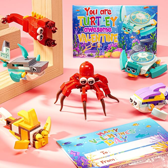 24 Pack Valentine Gifts for Kids 8-12, Marine Animal Building Blocks Kit with Gift Cards for Kids School Classroom, Party Favors Exchange for Boy Girl, Kid Valentine Basket Stuffers Egg Filler