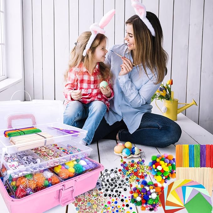 1405 Pcs Art and Craft Supplies for Boys and Girls, Toddler DIY Craft Art Supply Set Included Pipe Cleaners, Pom Poms, Feather, Folding Storage Box - All in One for Craft DIY Art Supplies (F0-Pink)