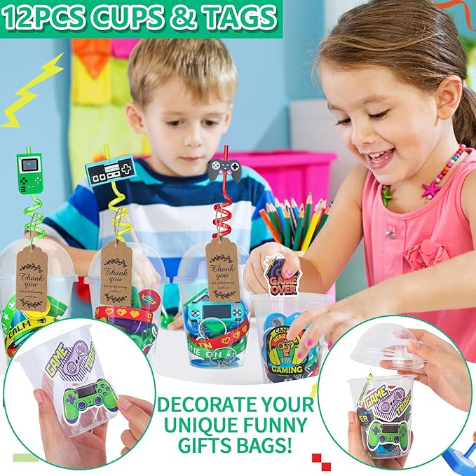 146Pcs Video Game Party Favors Birthday Supplies, Cup VIP Pass with Lanyard Straw Silicone Bracelet Keychain Stamper Tattoo Sticker Kids Gamer Birthday Party Favors Gaming Game On Goodies Bags