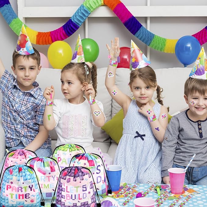 98 Pcs Train Party Favors,Train Print Party Supplies Include Stickers Stamps Keychains Slap Bracelets and Drawstring Bags Party Decorations for Kids TrainTheme Birthday supplies (E-Building Blocks)