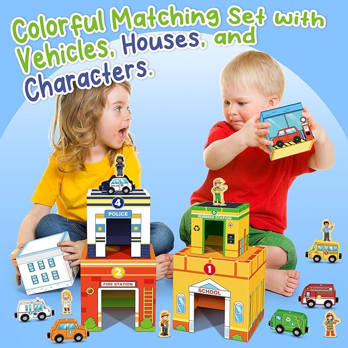 Aizweb Stacking Toys for Toddlers,Sorting Blocks Magnetic Wooden Cars Cardboard Vehicles Educational Preschool Kindergarten Learning Montessori Toys for 1 2 3 Year Old Boys Girls