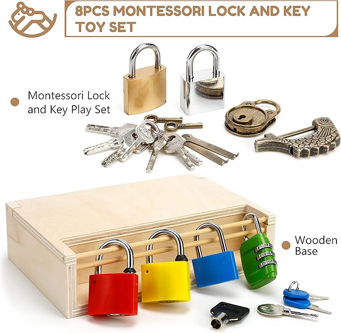 8 PCS Montessori Lock and Key Toy Set for Toddlers, Wooden Montessori Materials, Homeschool Preschool Keys and Locks Learning, Educational Easter Toys for Boys Girls Kids 3+ Year Old