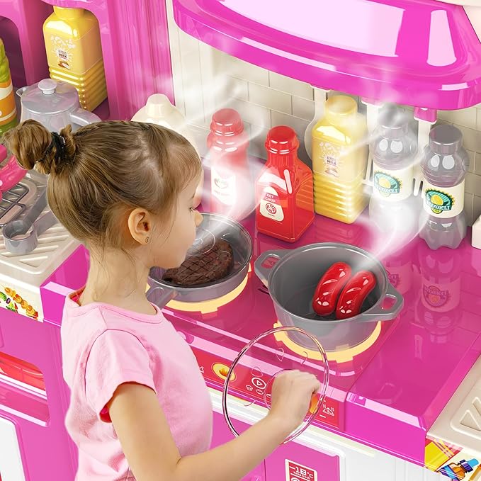 Kids Kitchen playset, Play Kitchen for Kids Ages 4-8, Accessories Set with Realistic Lights and Sounds, Simulation of Spray and Play Sink, Kitchen Set for Kids Ages 3-5 for Girls and Boys