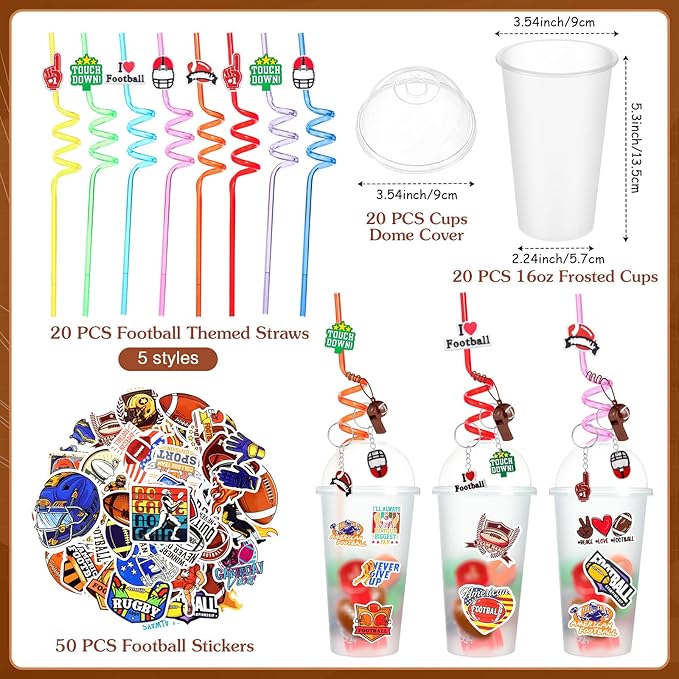Aoriher 238 Pcs Football Sport Party Favors Set Football Birthday Gift Football Cup Fillers with Straw Football Whistle Stamper Slap Bracelet Keychain Ring Tattoo Sticker for Sport Party Supplies