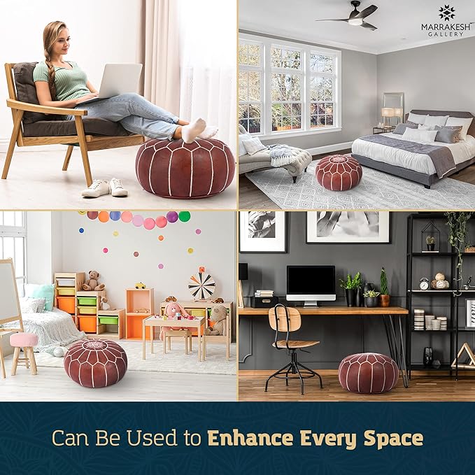 Genuine Leather Round Pouf Cover - Handmade Moroccan Ottoman Footstool, Unstuffed Footrest Under Desk - Boho Decor - Bohemian Living Room, Bedroom, Kids Room - Housewarming Gift & Wedding