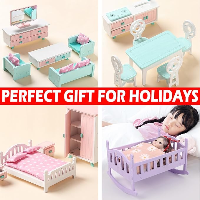 Wooden Dollhouse Furniture Set, Kitchen Dinning Room Set, Doll House Furniture of Table Chair, Birthday Gifts for Girls Boys (Dinning Room)