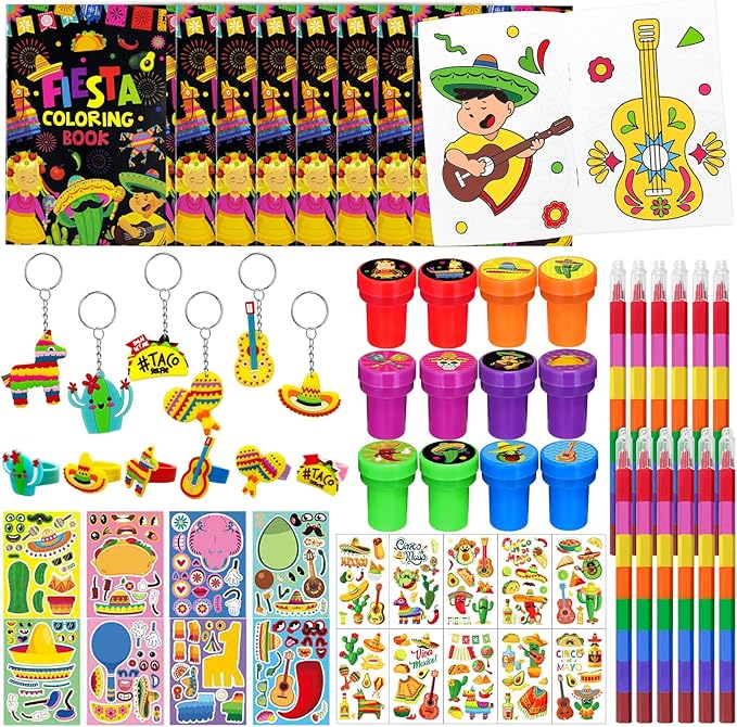 72 Pieces Mexican Party Favors Coloring Books with Crayons Set,Fiesta Party Pinatas Goodie Bag Fillers, Cinco de Mayo Party Supplies Craft DIY Kit Face Stickers Tattoo for Taco Party Day of the Dead