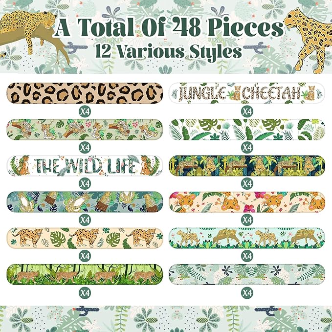 48 PCS Jungle Cheetah Slap Bracelets Cheetah Party Favors Cartoon Jungle Animals Party Wristbands for Kids Boys Girls Safari Leopard Party Supplies Birthday Party Baby Shower Carnival Prizes Gifts