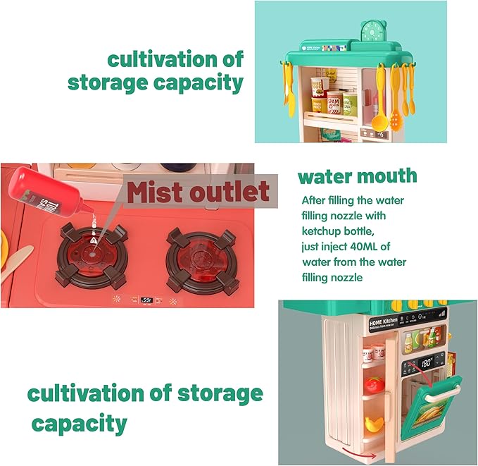 Kids Kitchen Play Set，Interactive Kids Kitchen Play Set with 50Pcs of Pretend Kitchen Toys，Realistic Sound Effects，and Simulated Functionality - Suitable for Toddlers Aged 2-12 Years (Green)