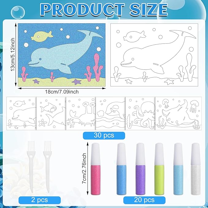 30 Sets Ocean Animal Sand Art Kits for Kids DIY Ocean Craft Sand Painting Colored Sand Art Painting Cards Set for Children DIY Arts Ocean Theme Educational and Learning Activities