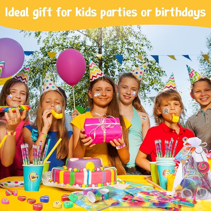 178 Pcs Tie Dye Party Favors Bulk Rainbow School Stationery Set with Slap Bracelets Mini Notebooks Stickers Pencils Heart Eraser Sharpener Keychains for Kids Students Class Reward Prize Supplies
