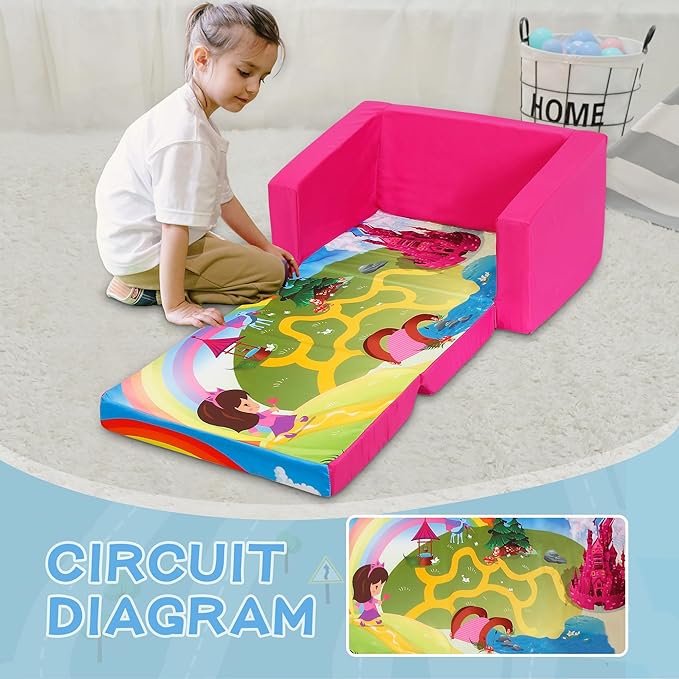 MallBest Kids Sofas Children's Sofa Bed Baby's Upholstered Couch Sleepover Chair Flipout Open Recliner(Rose red/Castle)