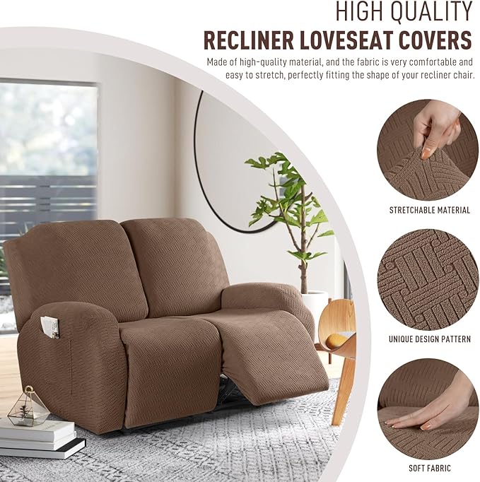 KinCam Recliner Covers, Stretch Reclining Chair Covers, Recliner Sofa Slipcovers Stripe Jacquard Recliner Couch Covers Furniture Protector Covers for Pet Kid (2XL Seater, Light Coffee)