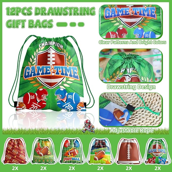 60pcs Football Party Favors, Football Goodie Bags Football Gift Bags Stuffers for Boys Includes Drawstring Bags Bracelet Keychain Tattoo Stickers Mini Football for Football Birthday Party Supplies