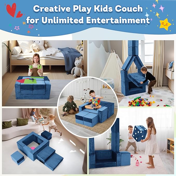 Kids Couch Sofa, 7 Pcs Modular Toddler Couch, Freely Removable Kids Chair Sofa for Playing, Creativity, Sleeping, Versatile Fold Out Baby Play Couch Set for Playroom, Bedroom Furniture