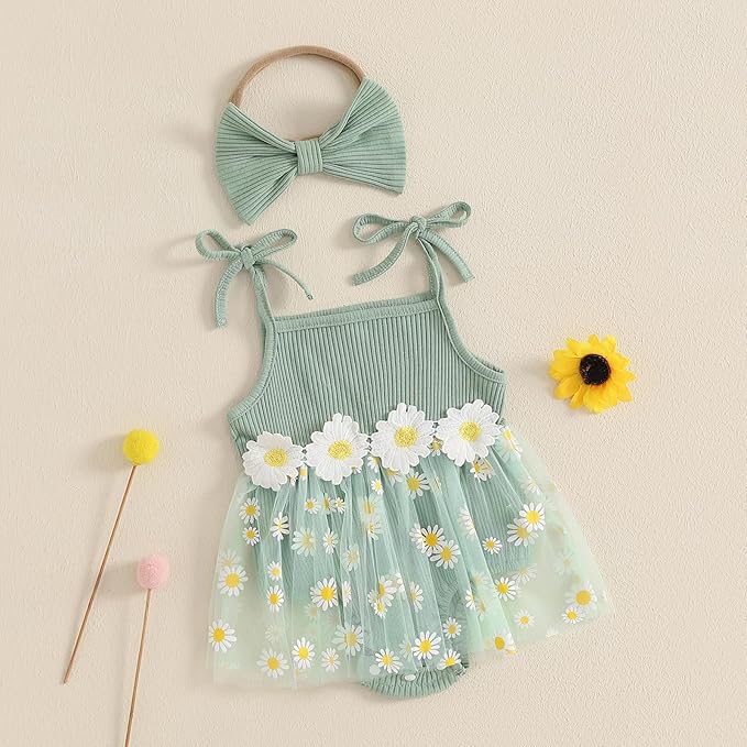 Baby Girl Clothes Daisy Ribbed Bodysuit Sleeveless Romper Dress Summer Outfit for Girls Newborn 3 6 9 12 18 Months