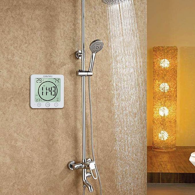 2Pcs Digital Shower Clock, Bathroom Timer Clock, Waterproof for Water Spray, Count Up Count Down Alarm, Touch Screen Timer, Temperature Humidity, Wall Clock Magnet, Suction Cup, Stand (2packs)