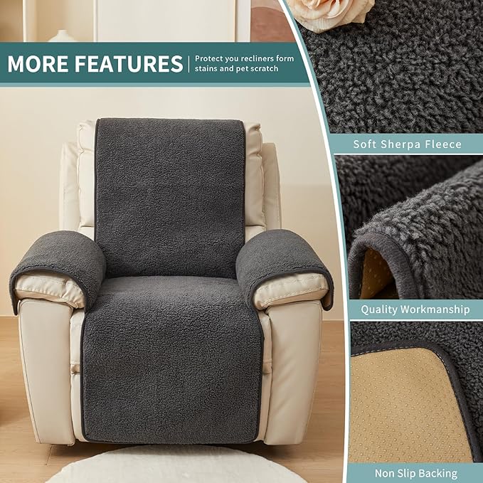vctops Sherpa Fleece Recliner Chair Cover Super Soft Warm Plush Sofa Slipcover Furniture Protector Non Slip Washable Reclining Chair Cover for Kids, Pets (Dark Grey,22"x82")