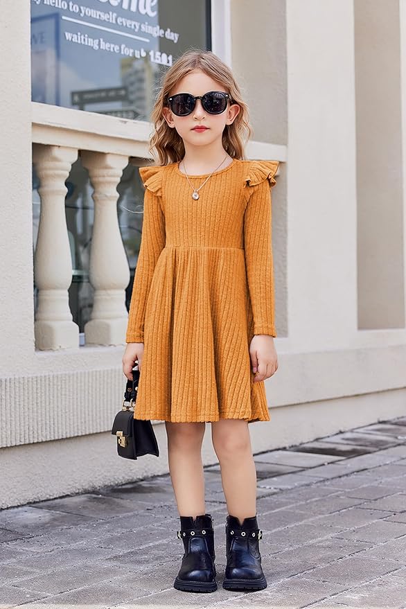 Arshiner Toddler Girl Dress Baby Girls Knitted Ruffle Sleeve Pocket Dresses A-Line Flared Fall Winter Clothes for 2-8 Years
