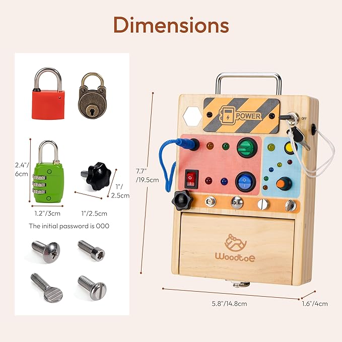 3-in-1 Busy Board with Led Light Switch, Montessori Toddler Screwdriver Board, Sensory Lock and Key Toys, Educational Fine Motor Skills Travel Toys for Toddlers Boys and Girls 3 4 5 Year Old