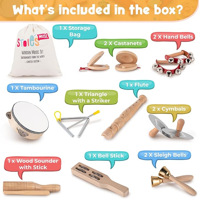 STOIE'S 15 pcs Wooden Toddler Musical Instruments for Kids Ages 5-9 Montessori Baby Musical Instruments for Toddlers 3-5 Kids Musical Instruments Toys