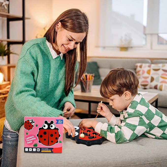 Sealive Wooden Lacing Toys for Toddlers - Fun Learning Activity for Preschoolers | Develop Fine Motor Skills | Durable Montessori Toy for Travel (Ladybug)