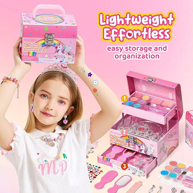 Kids Makeup Kit for Girls, Real Washable Cosmetic Set with Mirror, Jewelry Bracelet Making Kit for Kids Makeup Toy, Kids Makeup Sets for Girls 4 5 6 7 8 9 10 11 12 Years Old Kid (Pink)