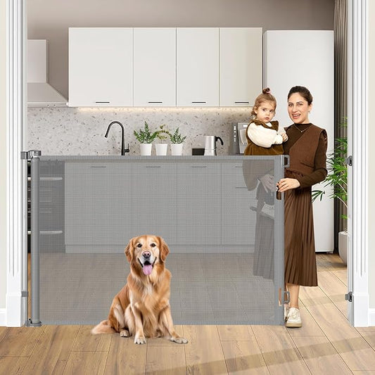 42" Tall X 80" Wide Retractable Dog Gates for Large Openings Extra Tall Retractable Baby Gates for Doorways Extra Tall Pet Gate Indoor Outdoor Long Baby Gate Large Mesh Dog Gate (Gray)