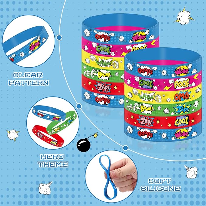 30 Pcs Hero Party Favor Silicone Bracelets Piñata Fillers for Kids Classroom Prizes Carnival Goodie Bag Stuffers Goodie Rewards Hero Theme Birthday Party Supplies Decorations Gifts