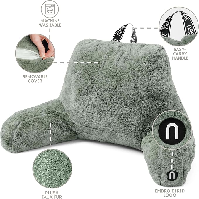 Nestl Fur Reading Pillow, Stylish Back Pillow for Bed Sitting Up, Faux Fur Bed Chair Pillow with Arms, Reading Pillows for Sitting in Bed Adult & Kids, Back Support Pillow for Bed Rest - Sage Green